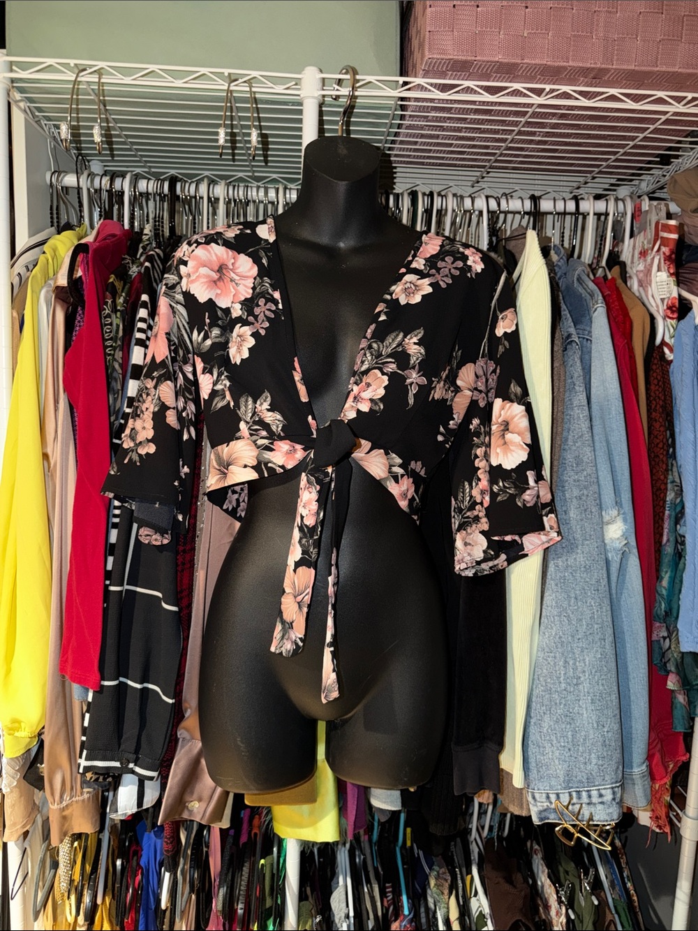 Black Floral Tie-Front Crop Top with Pink Blossoms